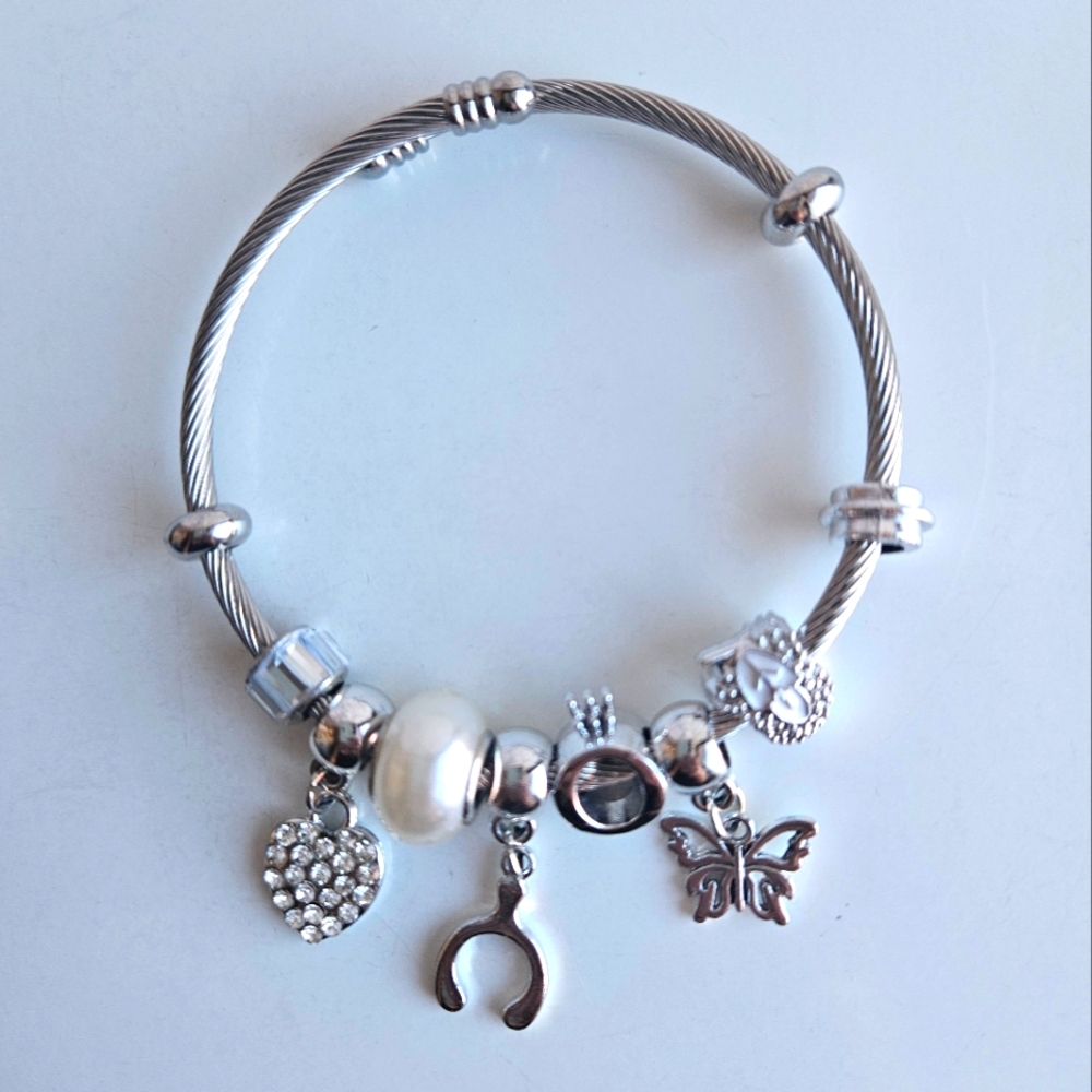 Silver Charm Bracelet with Heart and Butterfly